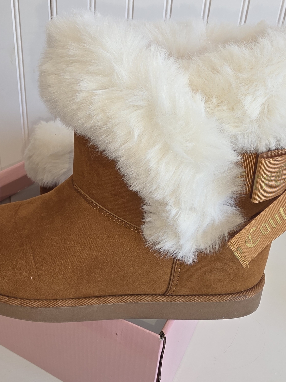 Juicy Couture Chestnut Brown Suede Boot with Cream Shearling Trim